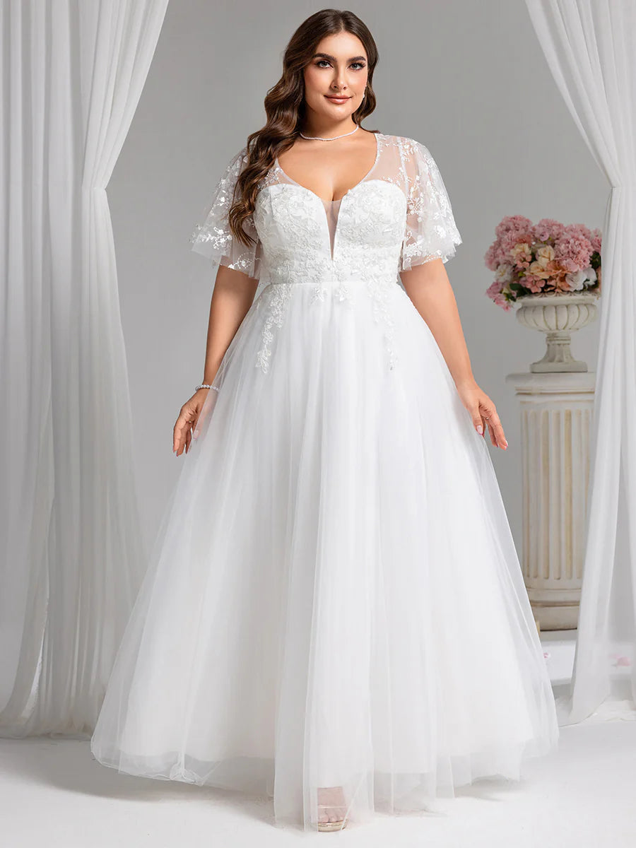 V-Neck Short Sleeves A-Line Floor-Length Wedding Dress with Embroidery