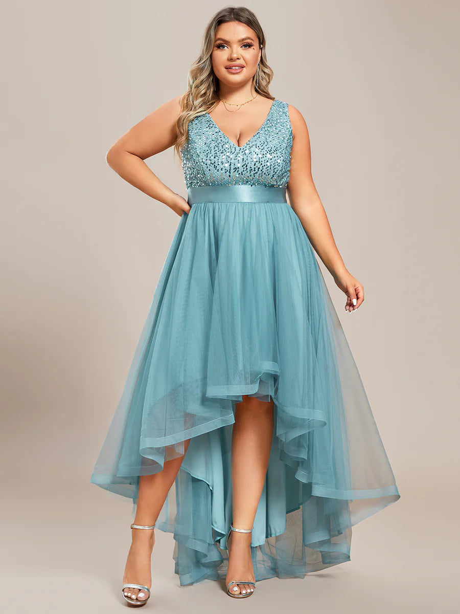 Plus Size Sparkling Wholesale Evening Dresses with Asymmetrical Hem Deep V Neck