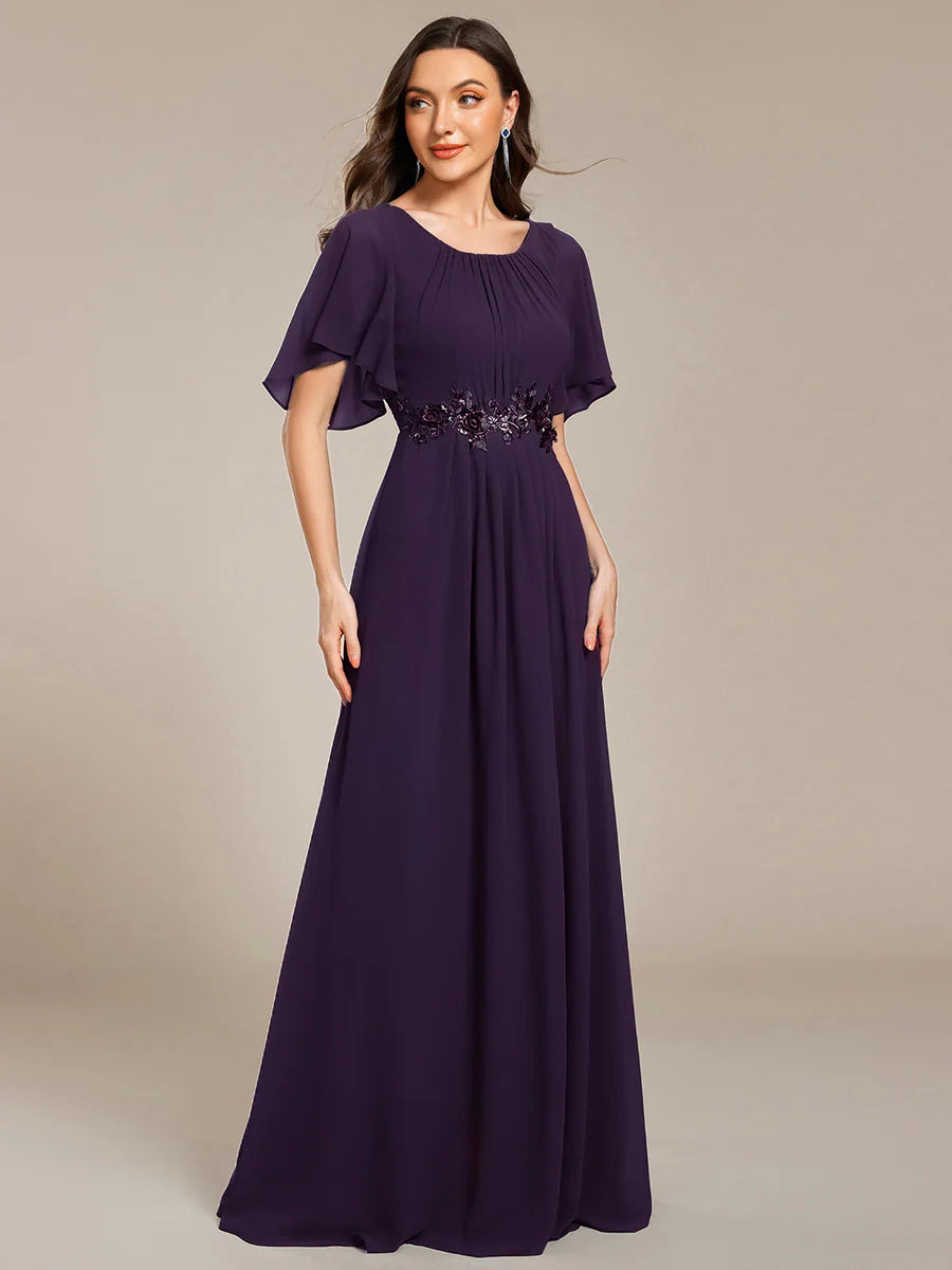 Short Sleeves Pleated Applique A-Line Floor-Length Formal Evening Dress