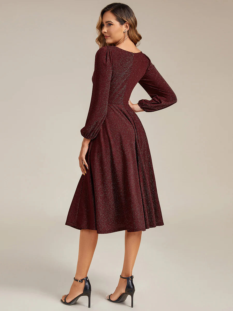 Long Sleeve V-Neck Gathered A-Line Midi Wedding Guest Dresses
