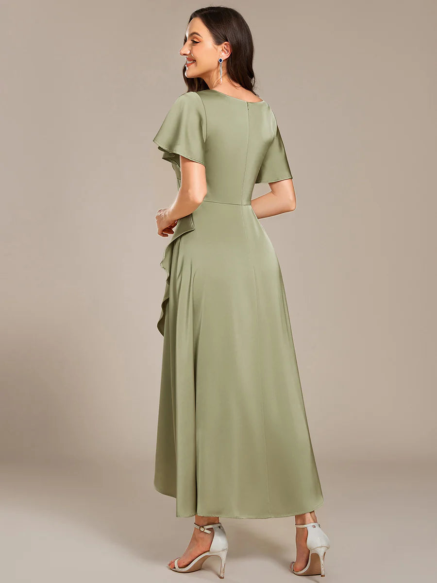 Short Sleeve Ruffled V-Neck Asymmetrical Hem Midi Bridesmaid Dress