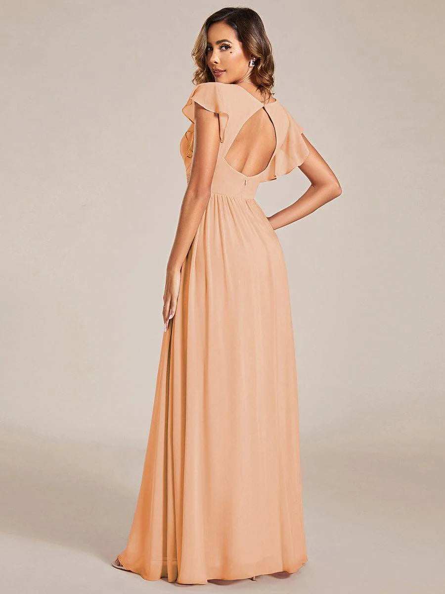 Ever LILYANA|Elegant V-Neck Open Back Ruffled Sleeves Chiffon Bridesmaid Dress