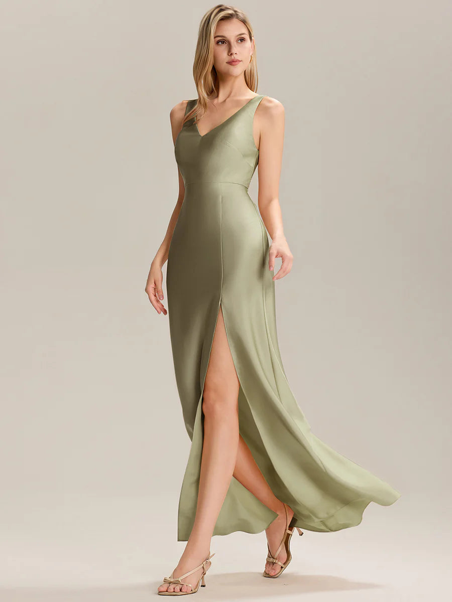 Short Sleeve V-Neck Backless A-Line Floor Length Bridesmaid Dresses