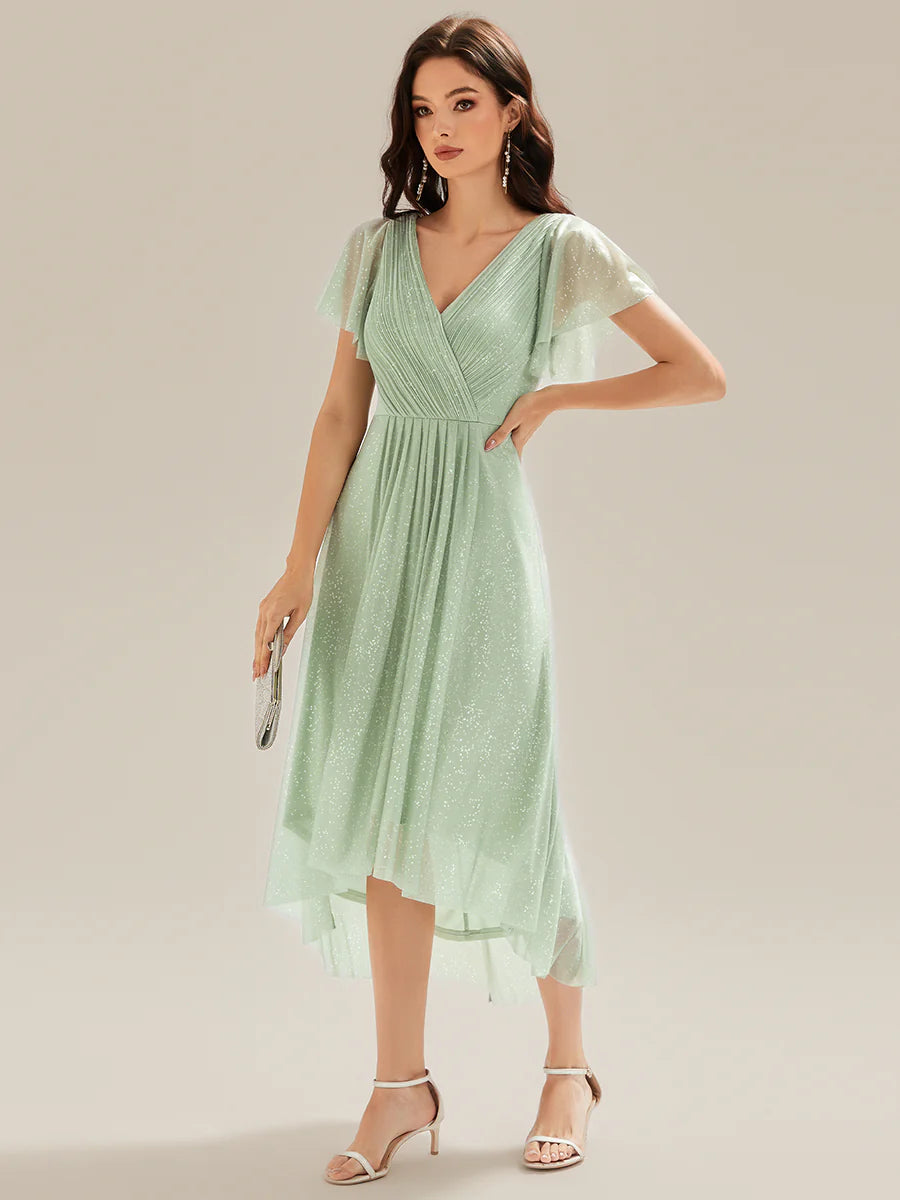 Short Sleeve Ruffle V-Neck Pleated Glitter A-Line High-Low Wedding Guest Dresses