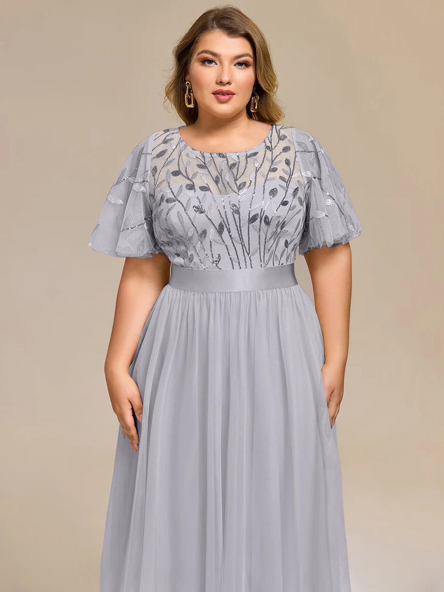 Bulk Order | Plus Size Fit A-Line Deep V-Neck Evening Gown | Ruffled Short Sleeve Midi Dress