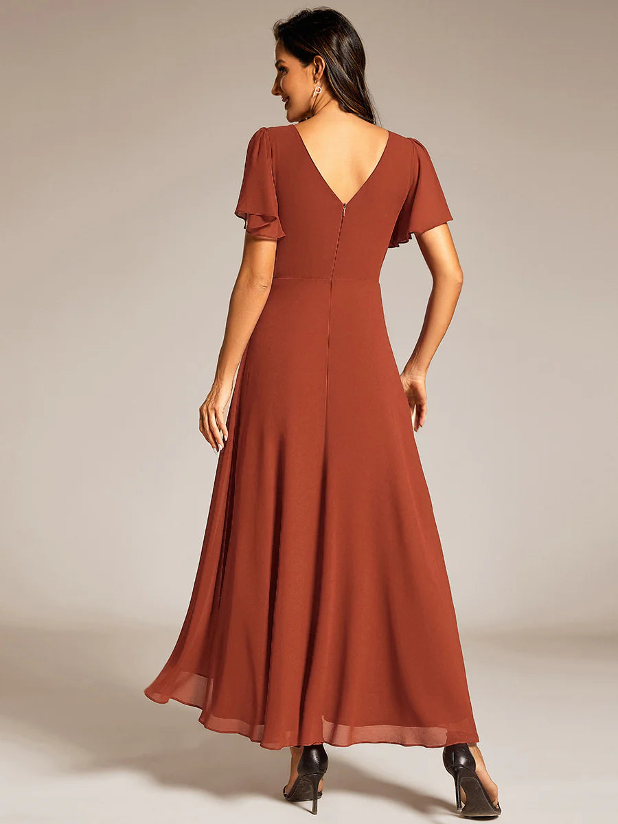 Elegant Asymmetrical A-Line Skirt Nine-Length Chiffon Dresses with Ruffles Sleeves