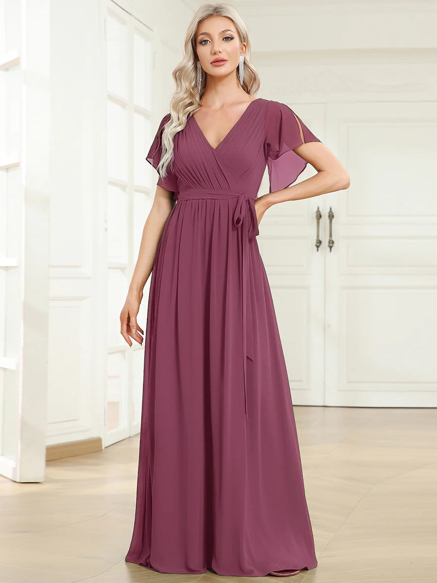 Short Sleeve Ruffle Deep V-Neck A-Line Floor Length Evening Dresses