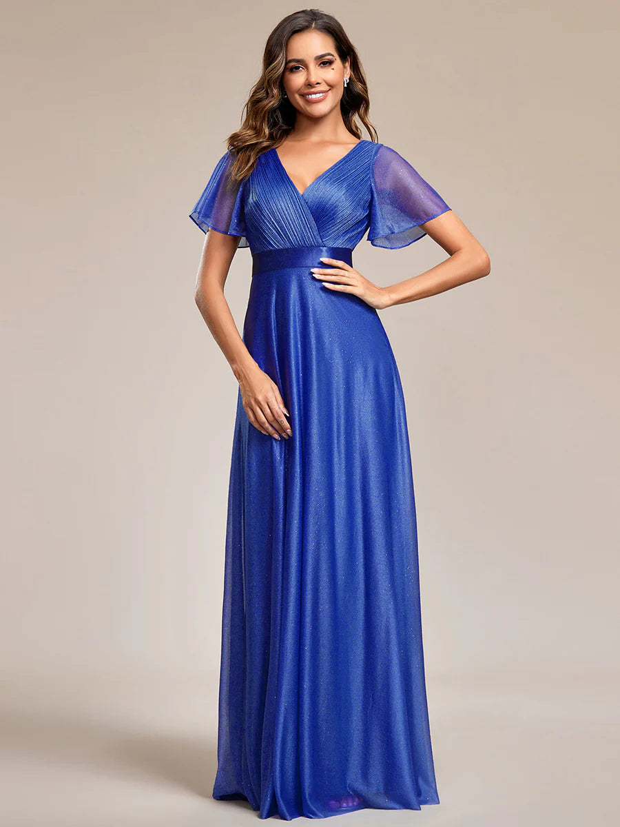 Deep V Neck Ruffles Sleeve A Line Wholesale Evening Dresses