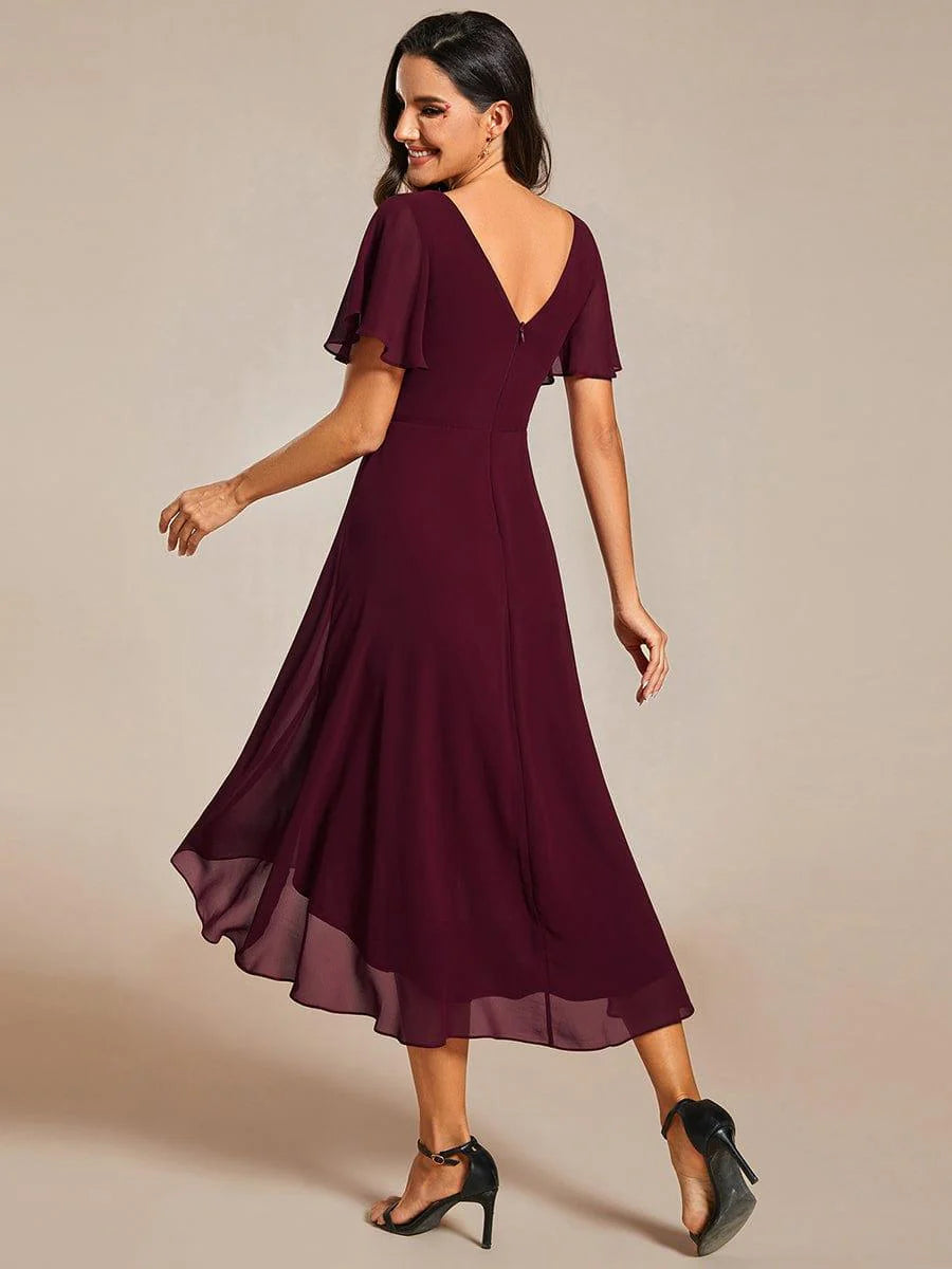 Chic V Neck High-Low Short Sleeve Wedding Guest Dress