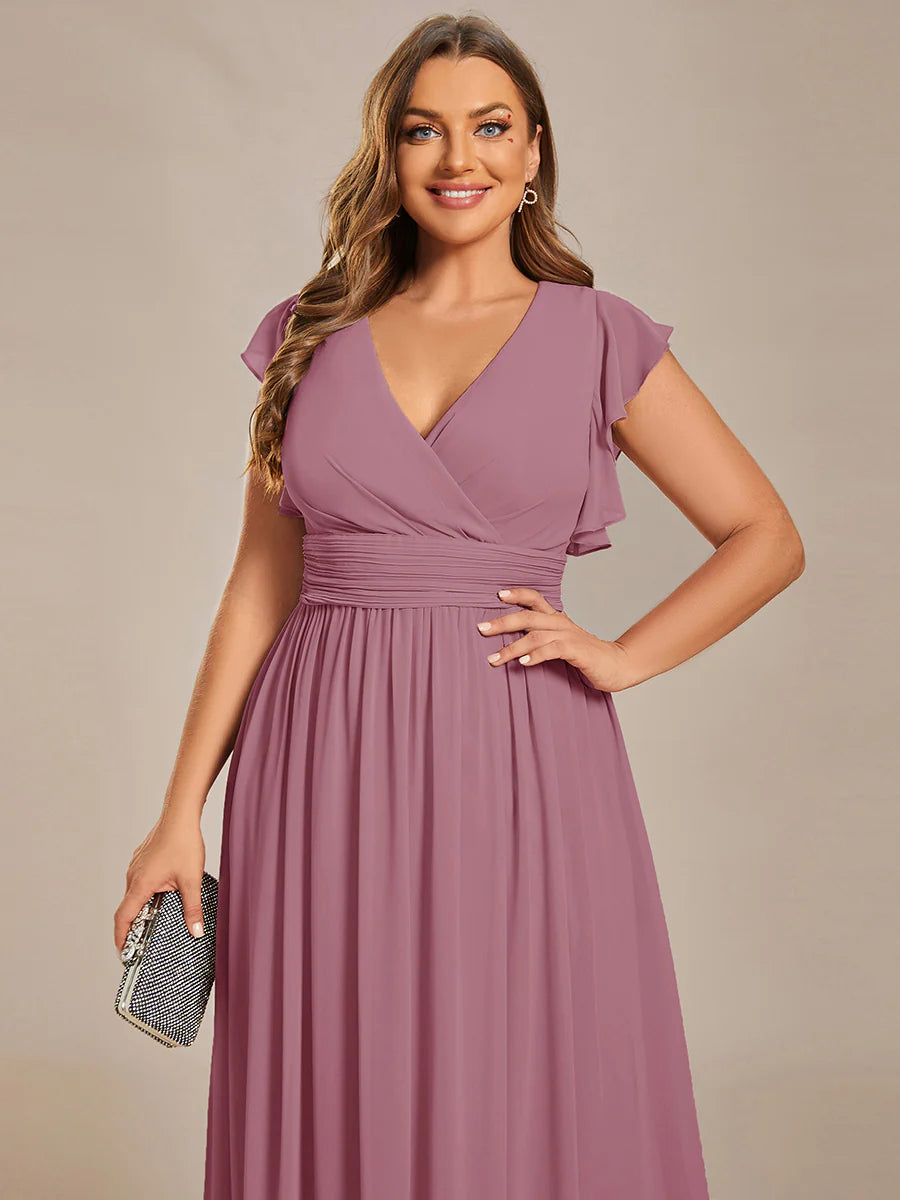 Plus V Neck Pleated Belted Ruffles Wholesale Bridesmaid Dresses