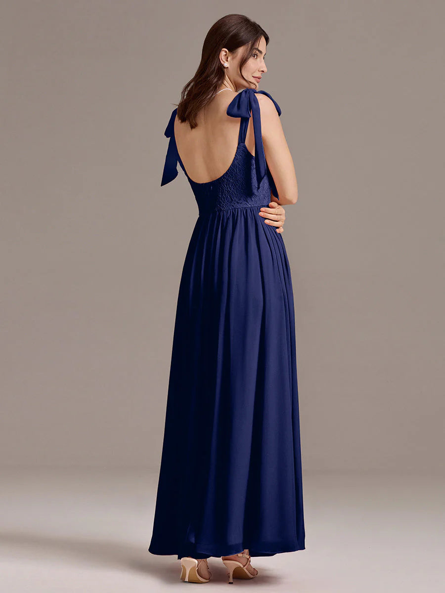 Chiffon Sweetheart Neck Bow Tie Backless A-Line Lace Bridesmaid Dress