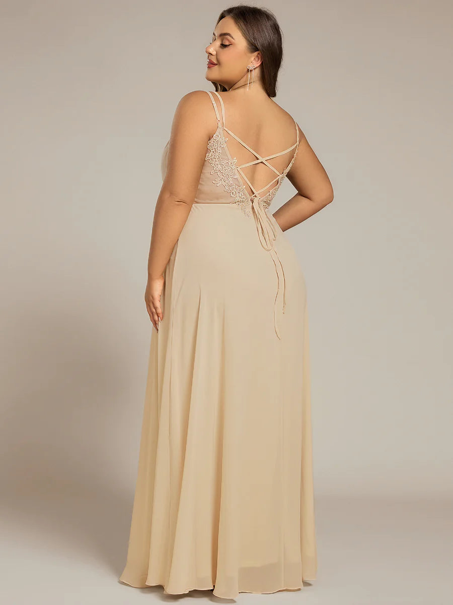 Plus Size Sleeveless V-Neck Appliques A-Line Floor Length Bridesmaid Dresses