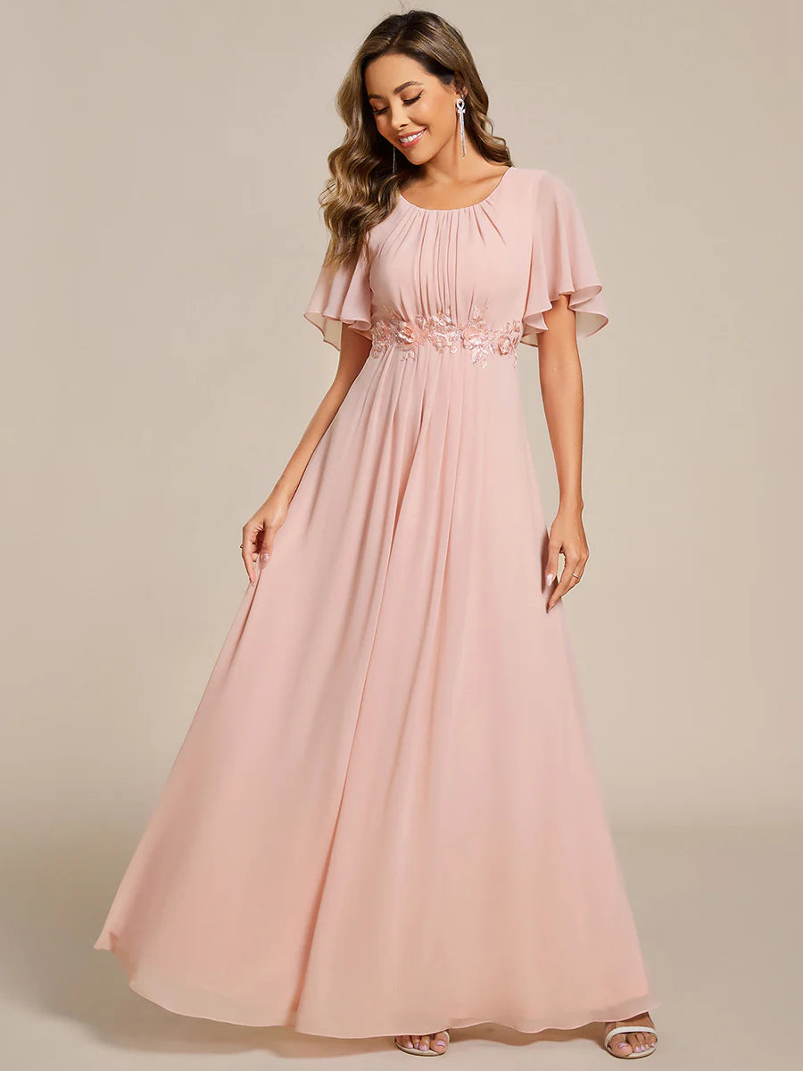 Short Sleeves Pleated Applique A-Line Floor-Length Formal Evening Dress