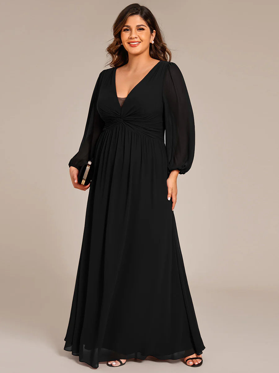 Plus Size Graceful See-Through V Neck Padded Enough Pleated Decoration Chiffon Evening Dresses