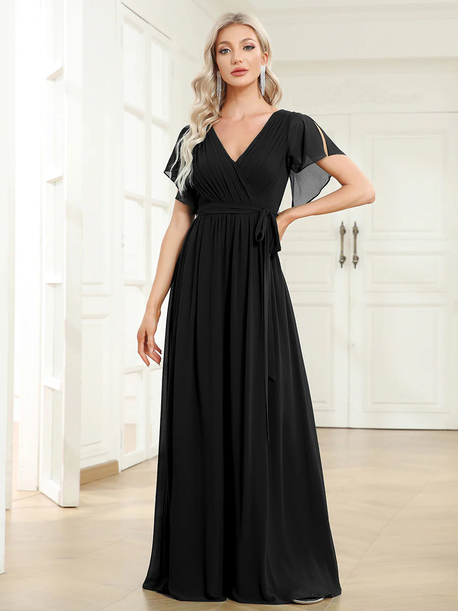A Line Wholesale Evening Dresses with Deep V Neck Ruffles Sleeves