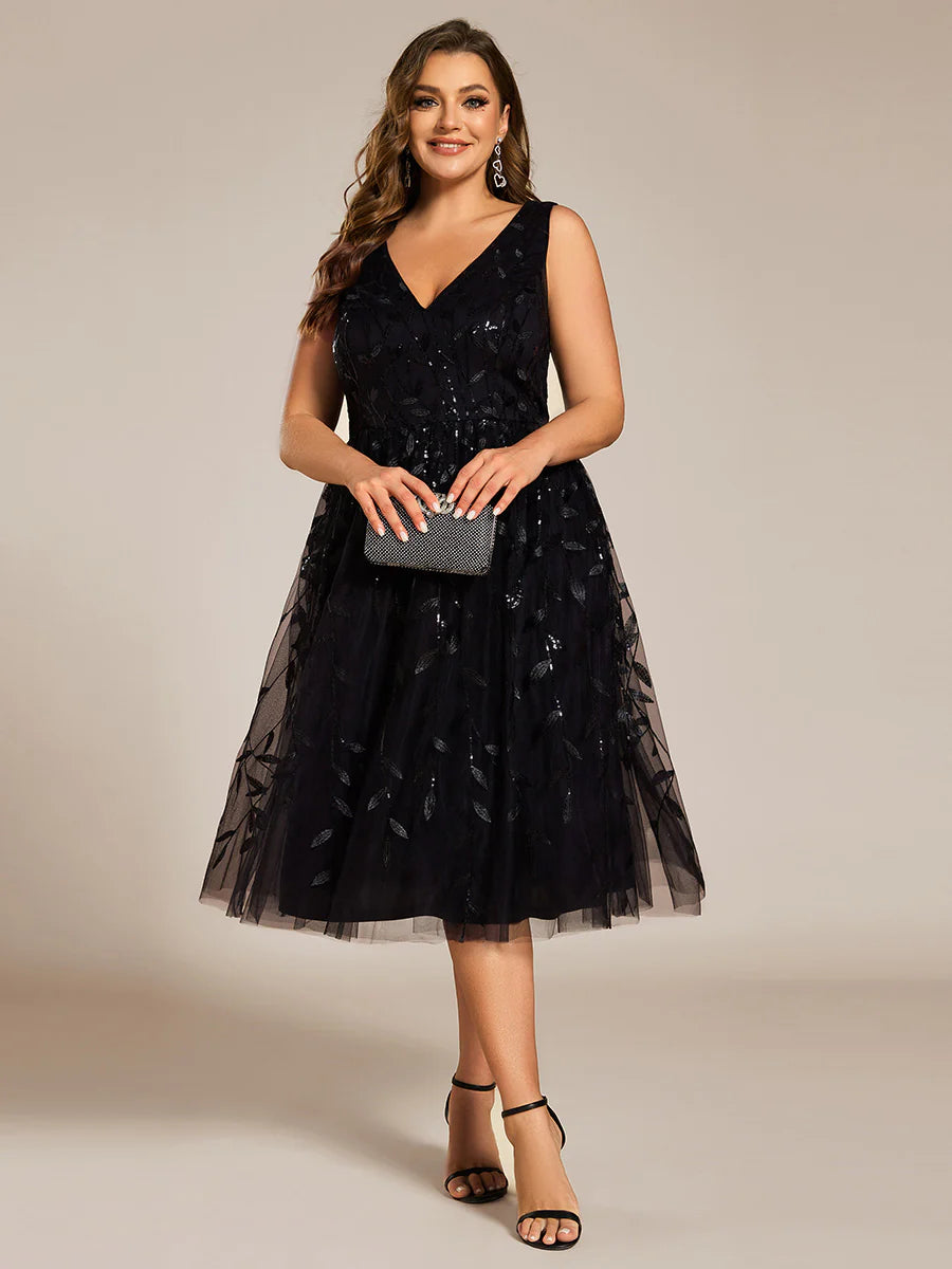Plus Size V-Neck Sequin Midi Wedding Guest Dress With Sleeveless