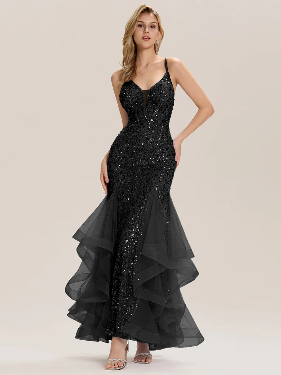 Sleeveless Deep V-Neck Beaded Fishtail Floor Length Evening Dresses