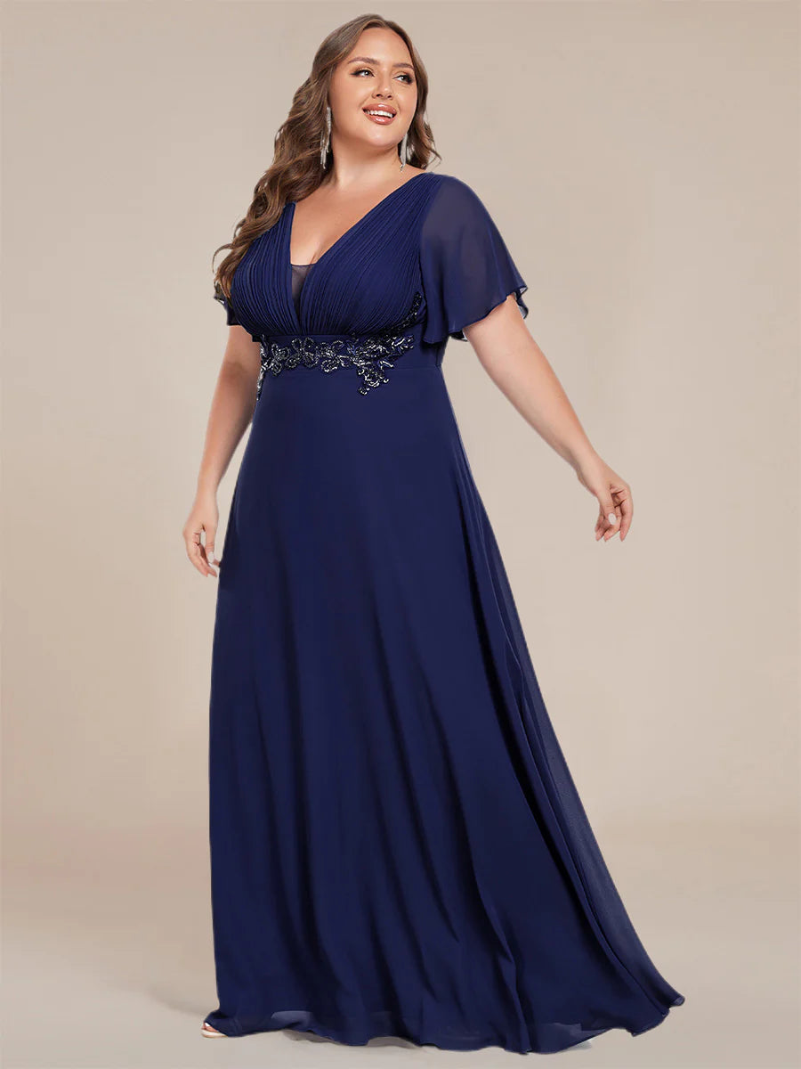 Plus Size Elegant Ruffles Sleeve Chiffon Evening Dresses with Pleated Applique Decoration