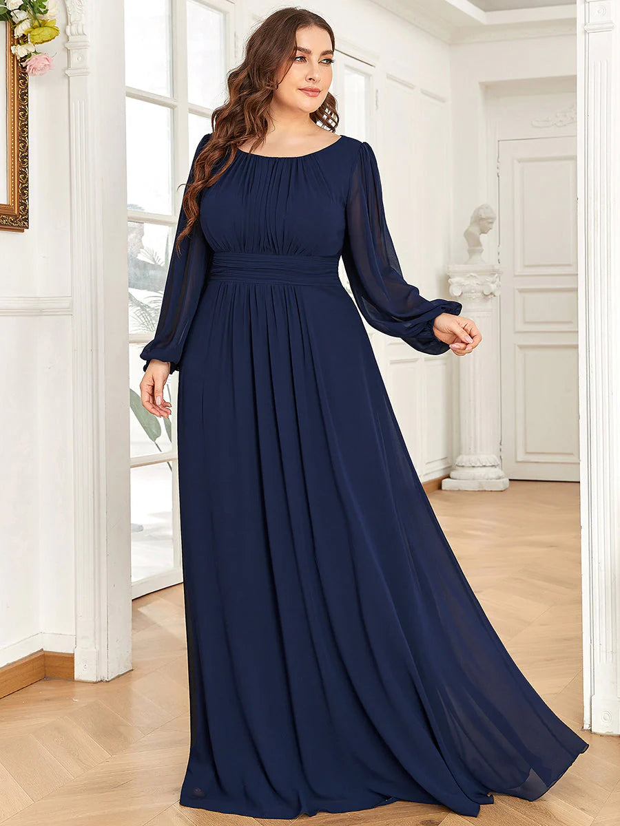 Plus Size Round Neck Wholesale Bridesmaid Dresses with Long Lantern Sleeves