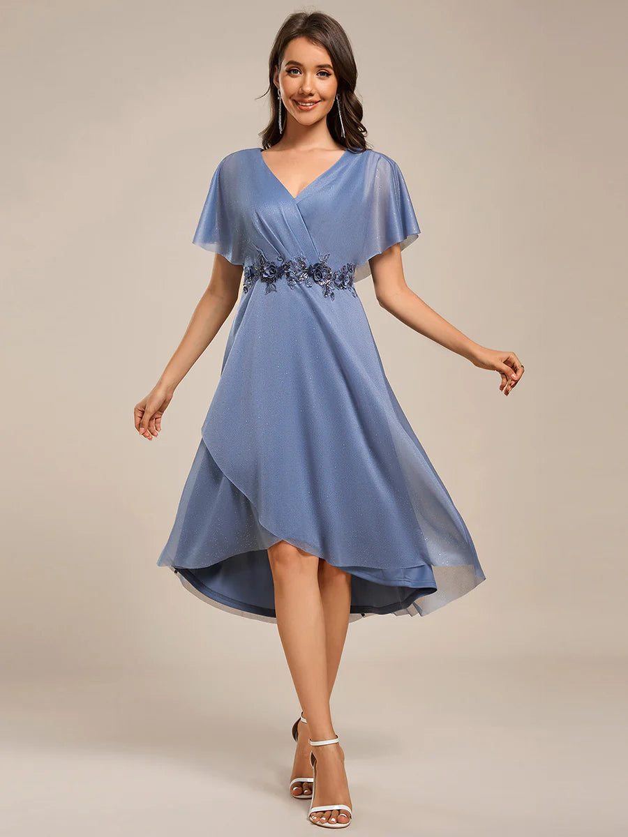 Shimmer Bat-wing Sleeve Asymmetrical Hem Wedding Guest Dresses