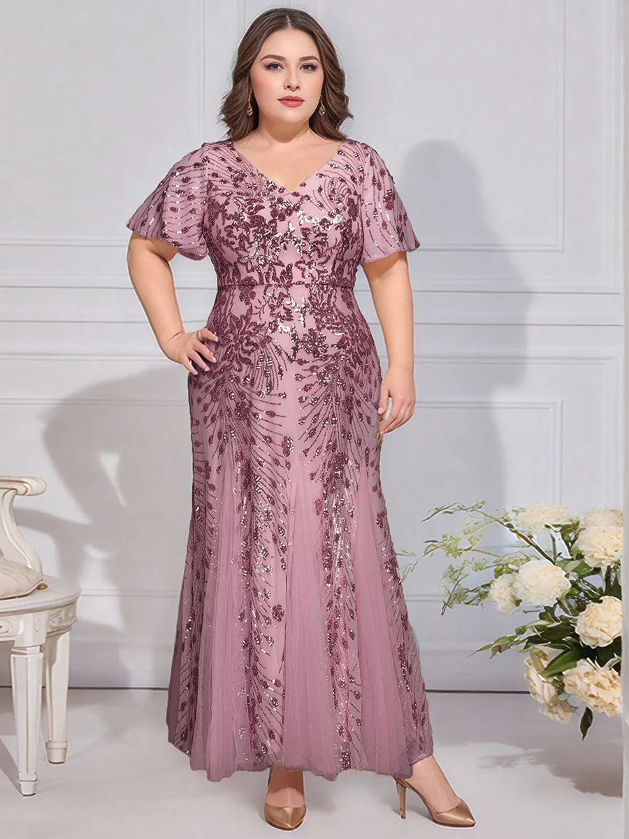 Plus Size Short Sleeve Ruffle Sequin V-Neck A-Line Maxi Evening Dresses
