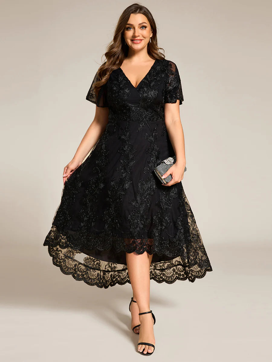 Plus Size Exquisite Embroidery Decoration Short See-through Ruffles Sleeve Lace Wedding Guest Dresses with Asymmetrical Hem