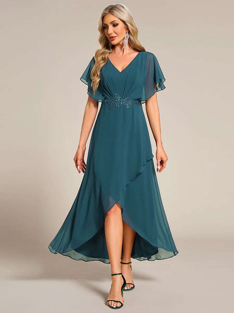 Chiffon Appliques  High-low  Wholesale Evening Dress with Short Sleeves