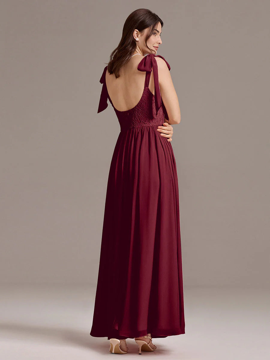 Chiffon Sweetheart Neck Bow Tie Backless A-Line Lace Bridesmaid Dress