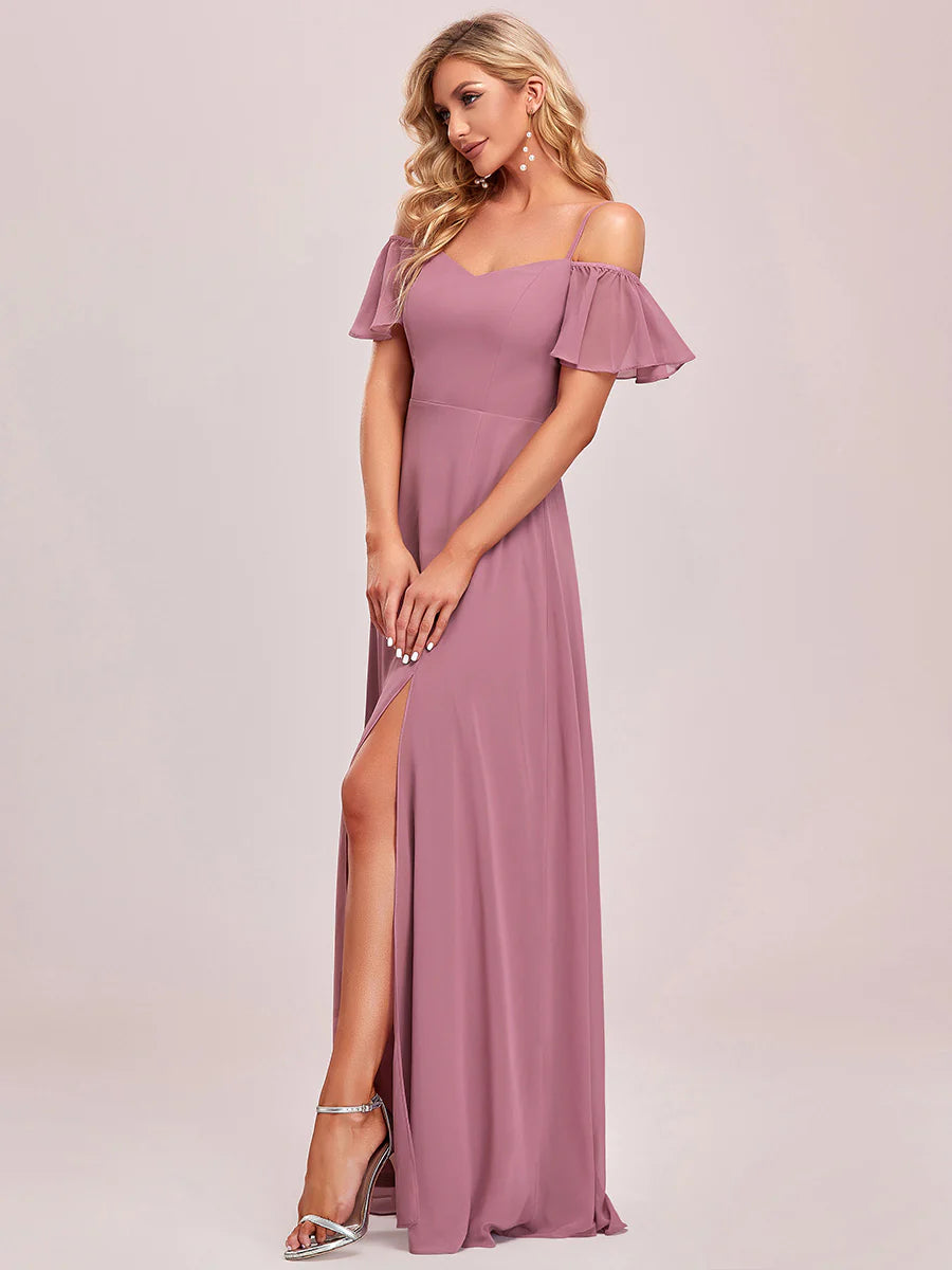 Wholesale High Split Chiffon Bridesmaid Dress With Spaghetti Straps