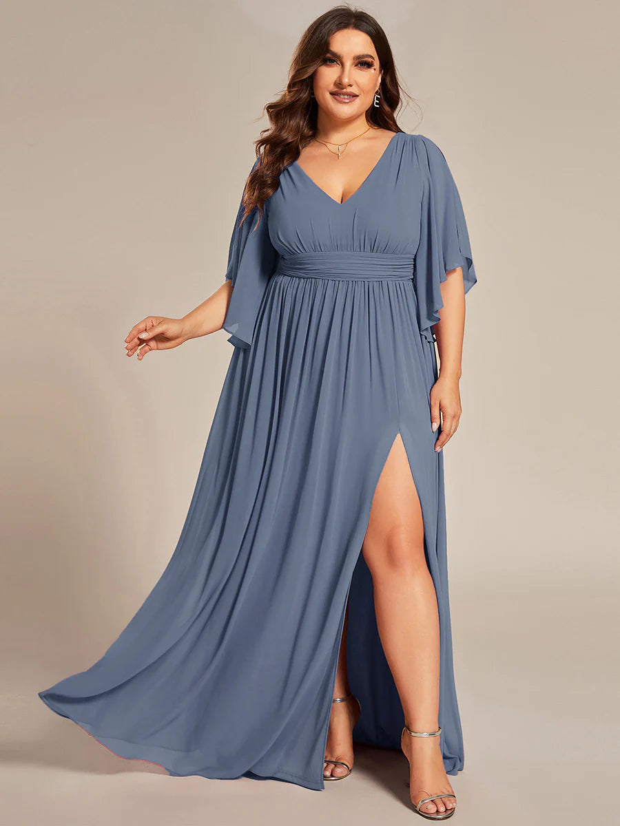 Plus V Neck Pleated Belt Wholesale Chiffon Bridesmaid Dresses