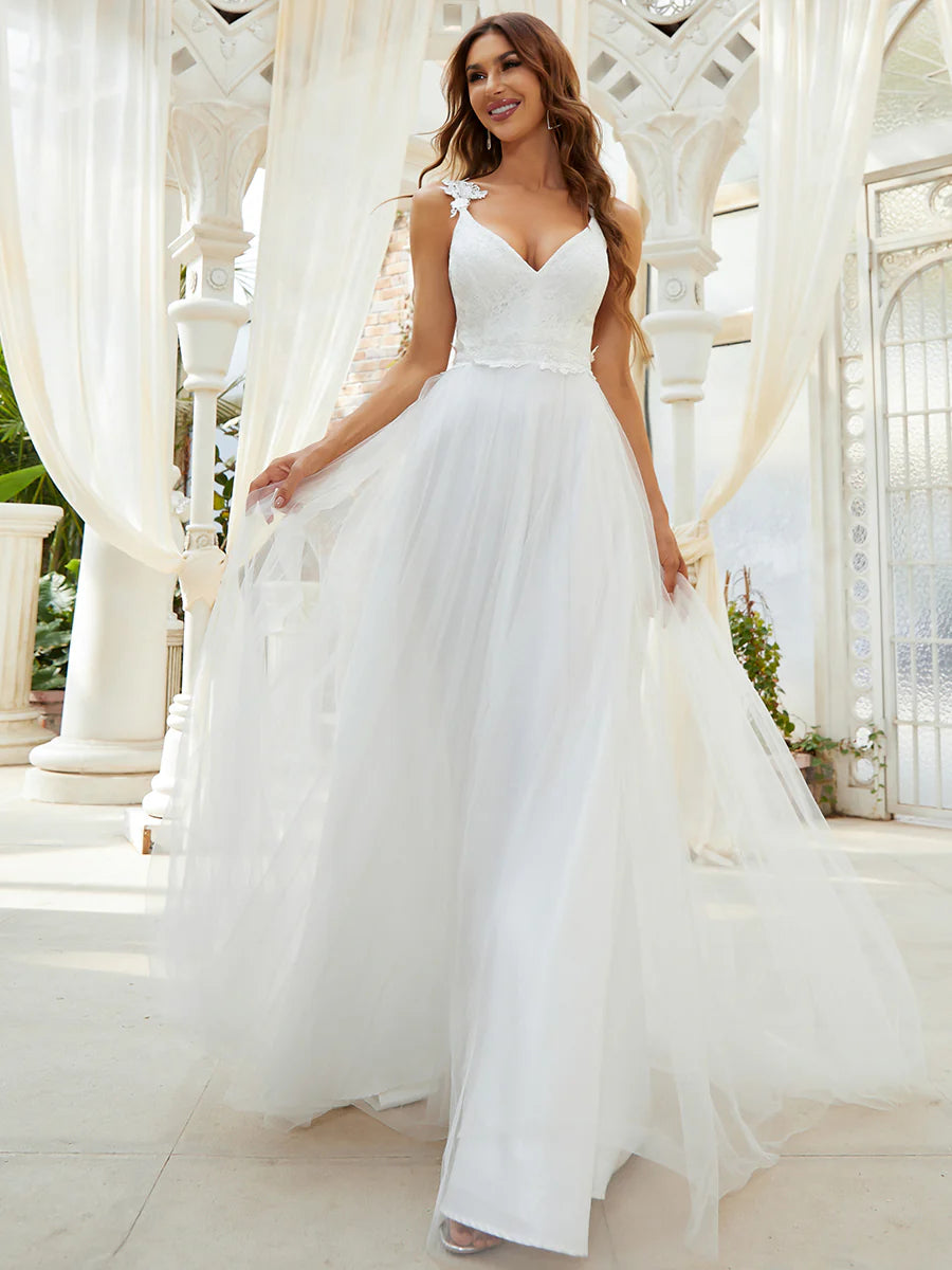 Double V Neck Wholesale Lace Tulle Wedding Dress