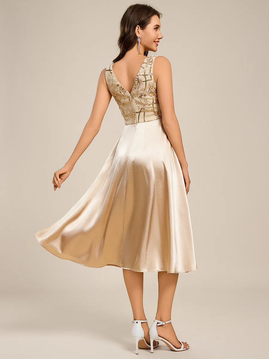 Strapless A-Line Midi Dress with Deep V-Neck Wedding Guest Dress