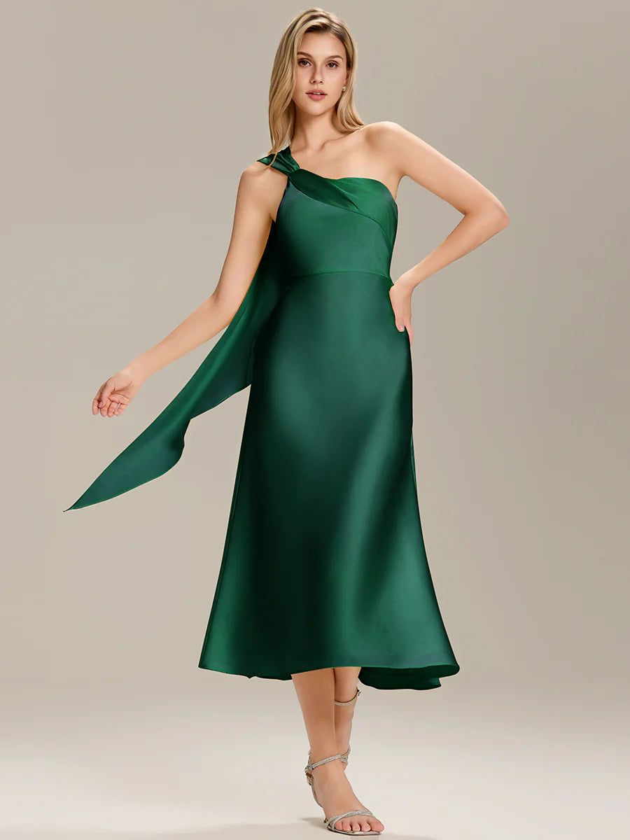 One Shoulder Gathered Non-Stretch Midi Wrap Wedding Guest Dresses