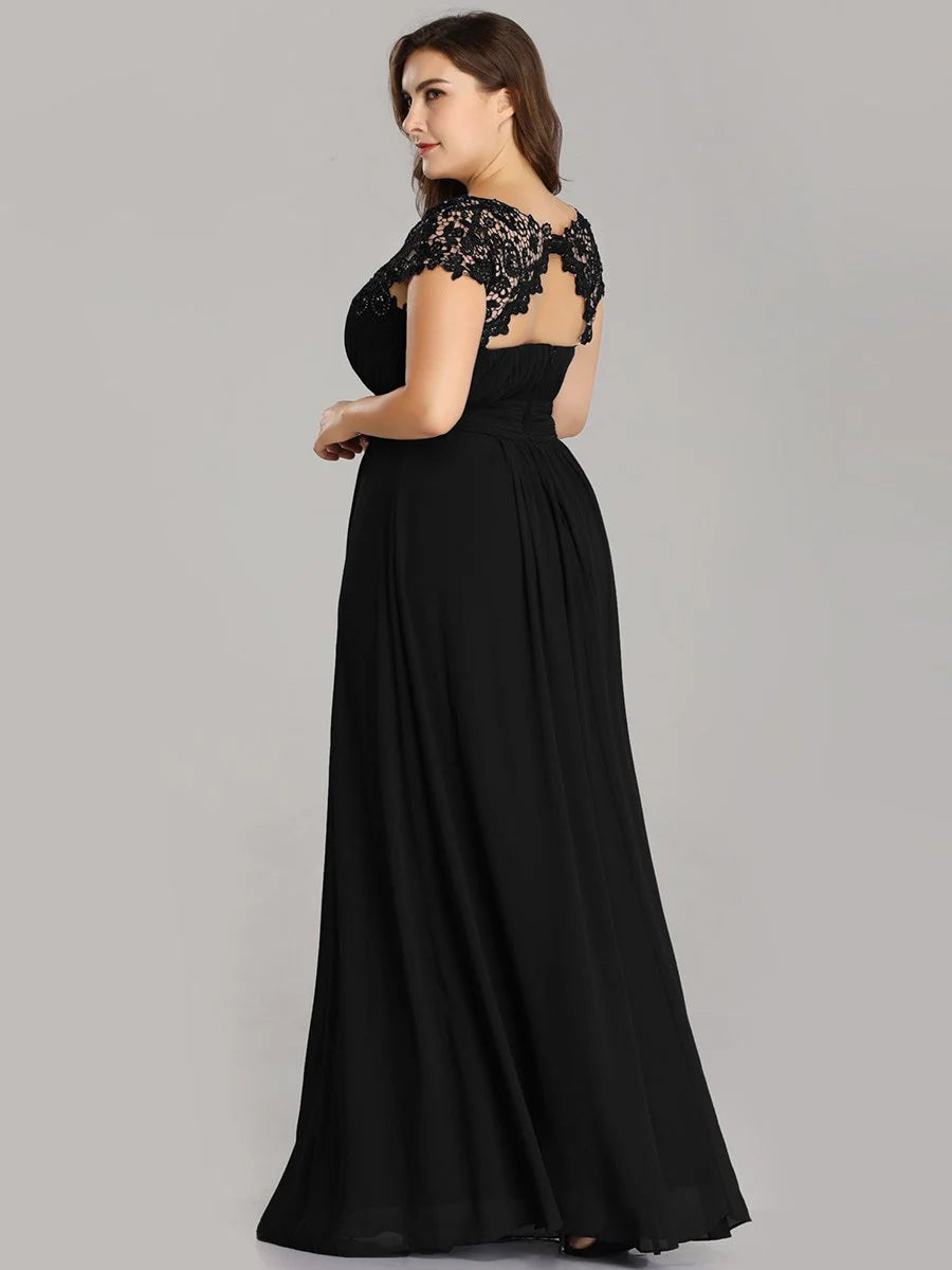 Lacey Neckline Open Back Ruched Bust Plus Size Evening Dresses