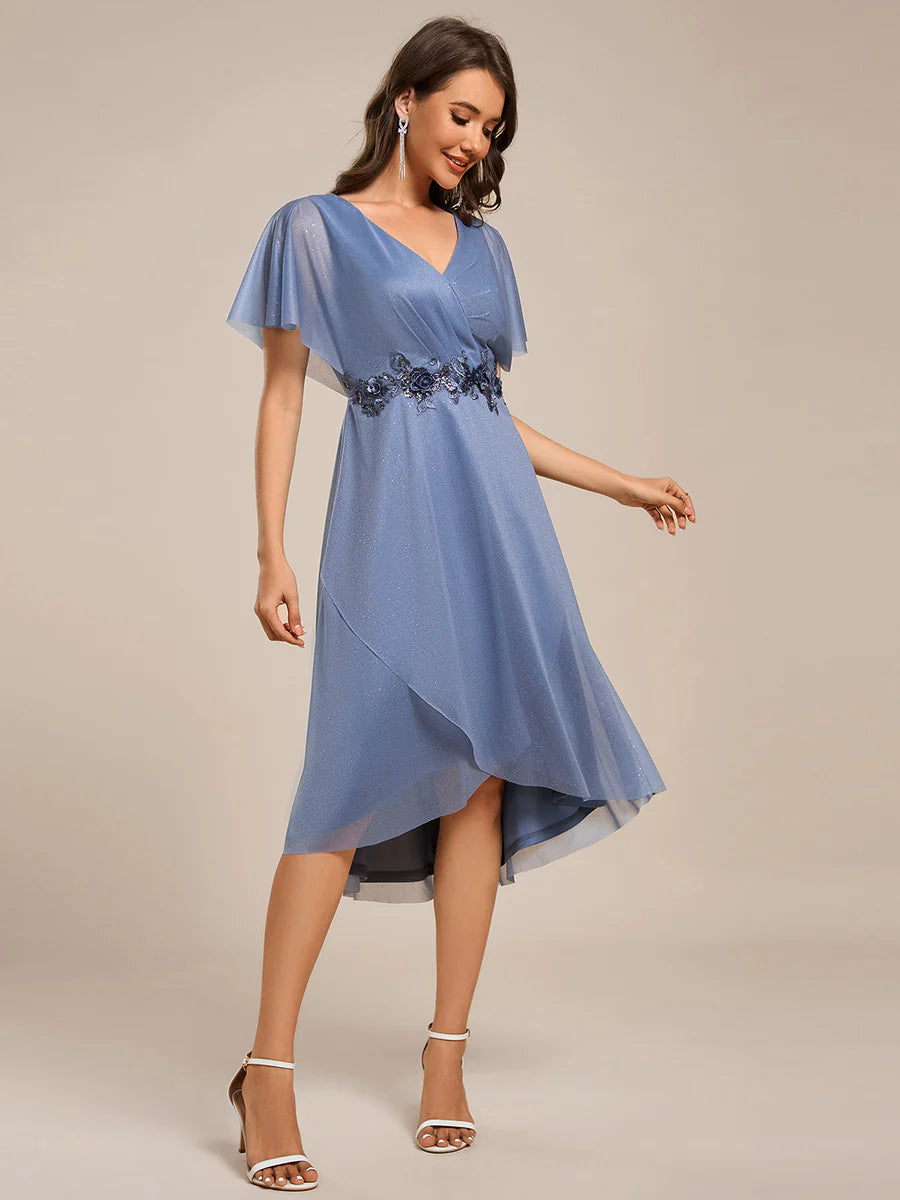 Shimmer Bat-wing Sleeve Asymmetrical Hem Wedding Guest Dresses