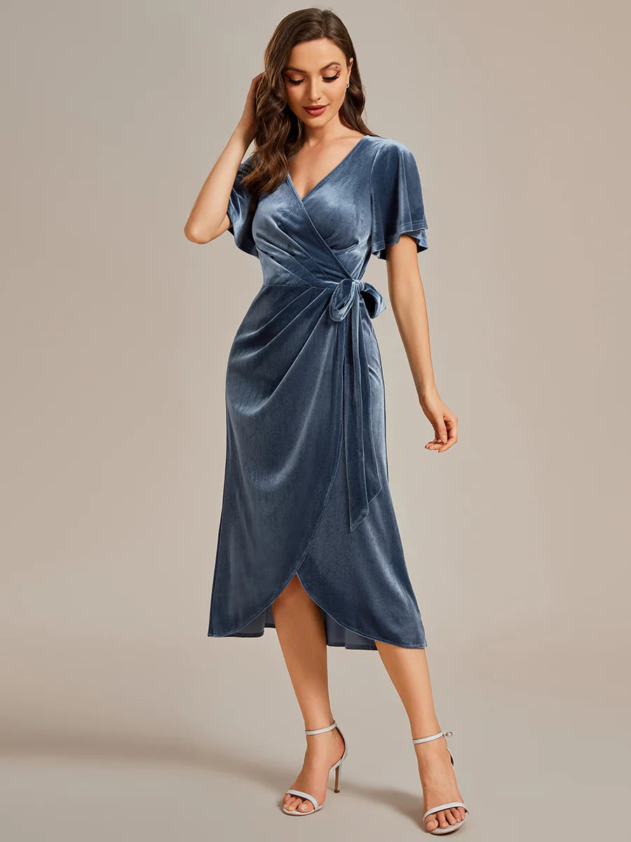 One-piece Type Velvet Tea Length  Wedding Guest Dress