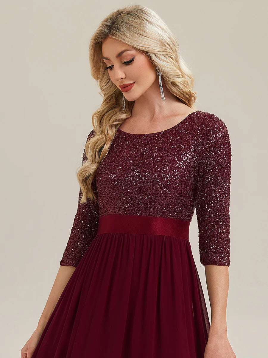 3/4 Sleeve Sequin Patchwork A-Line Floor Length Evening Dresses