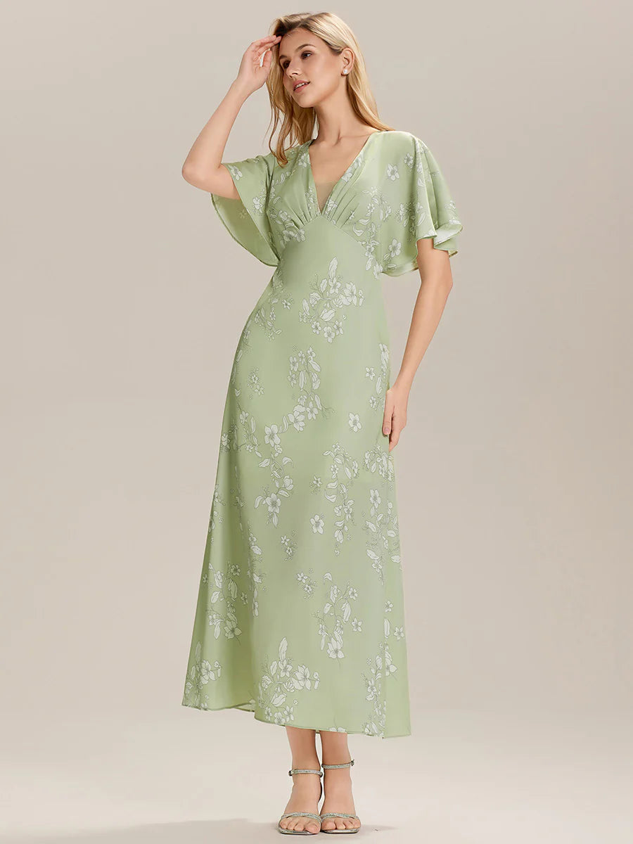 Short Sleeves Floral Deep V-Neck Sheath Maxi Wedding Guest Dresses