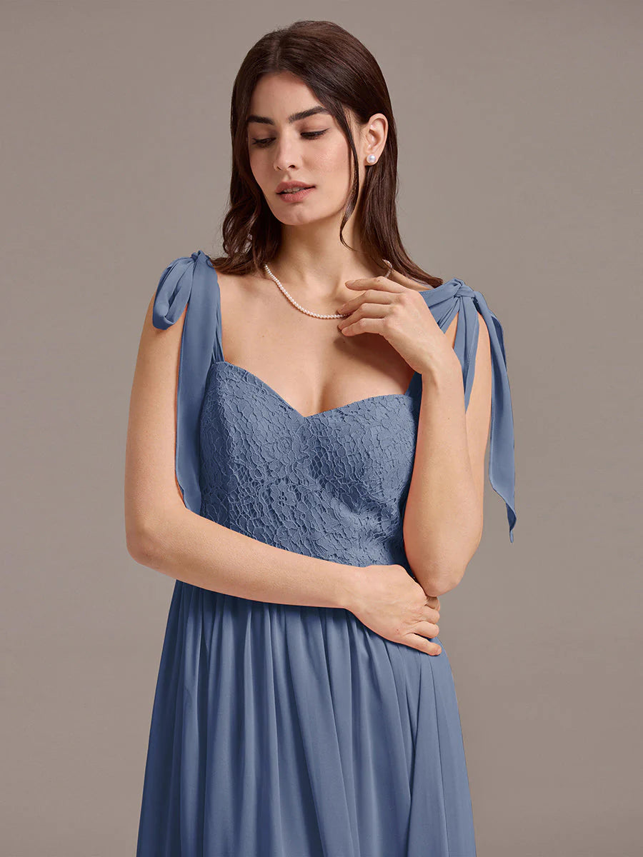 Chiffon Sweetheart Neck Bow Tie Backless A-Line Lace Bridesmaid Dress