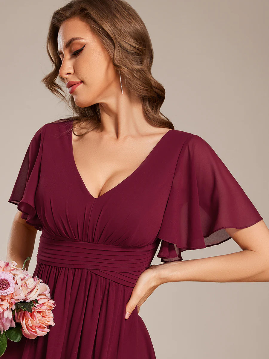 Ruffles Sleeves Chiffon Bridesmaid Dresses with Back Frenulum Knotting