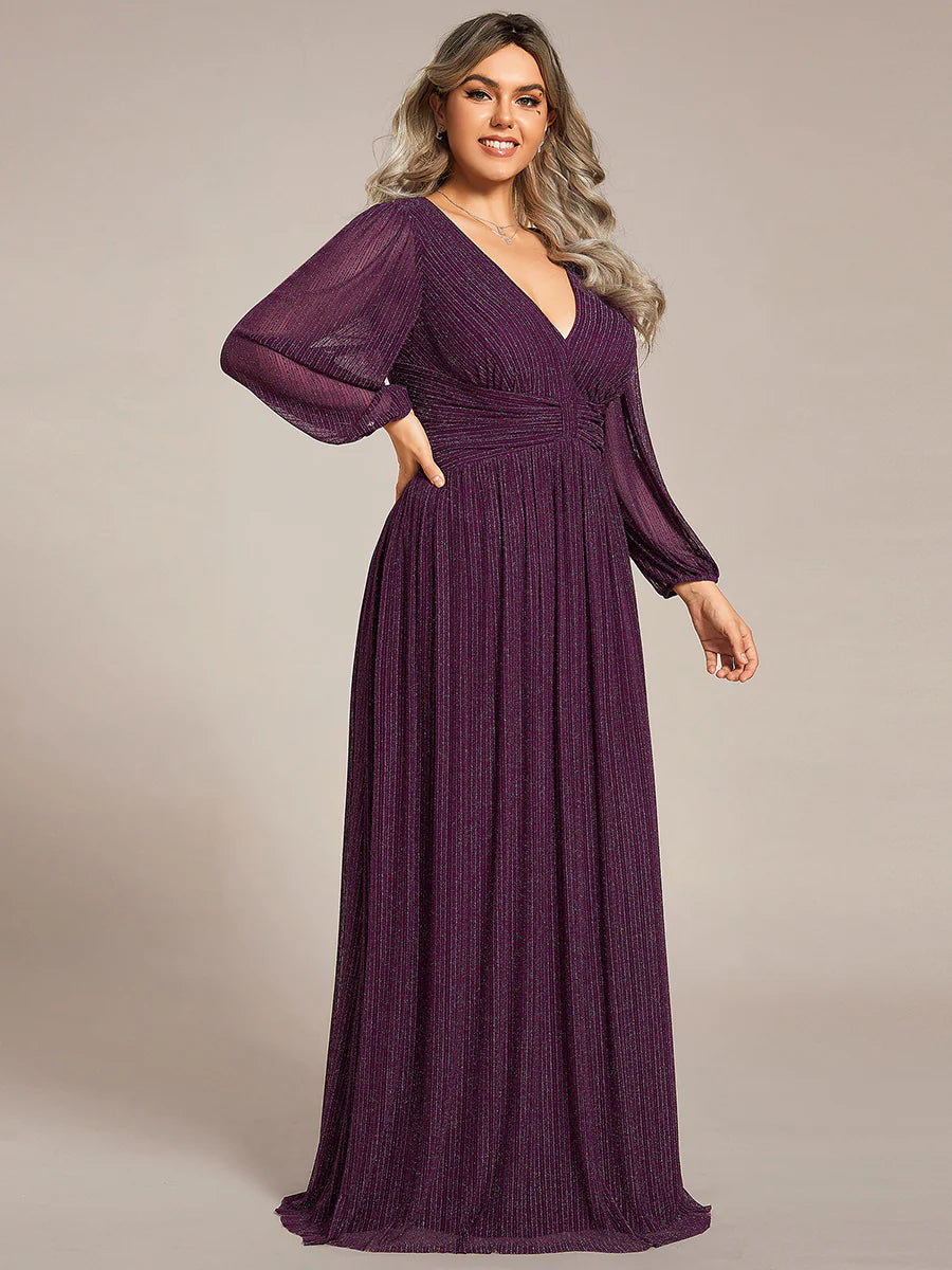 Plus Size Maxi Long Chiffon Waist  V Neck Wholesale Evening Dress with Long Sleeves