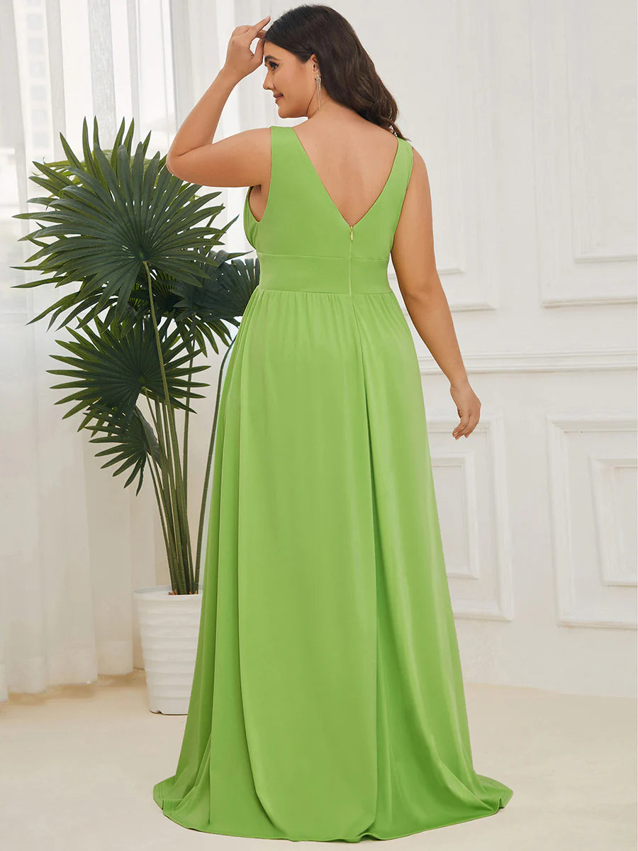 Plus Sleeveless Wholesale Bridesmaid Dresses with Deep V Neck and A Line