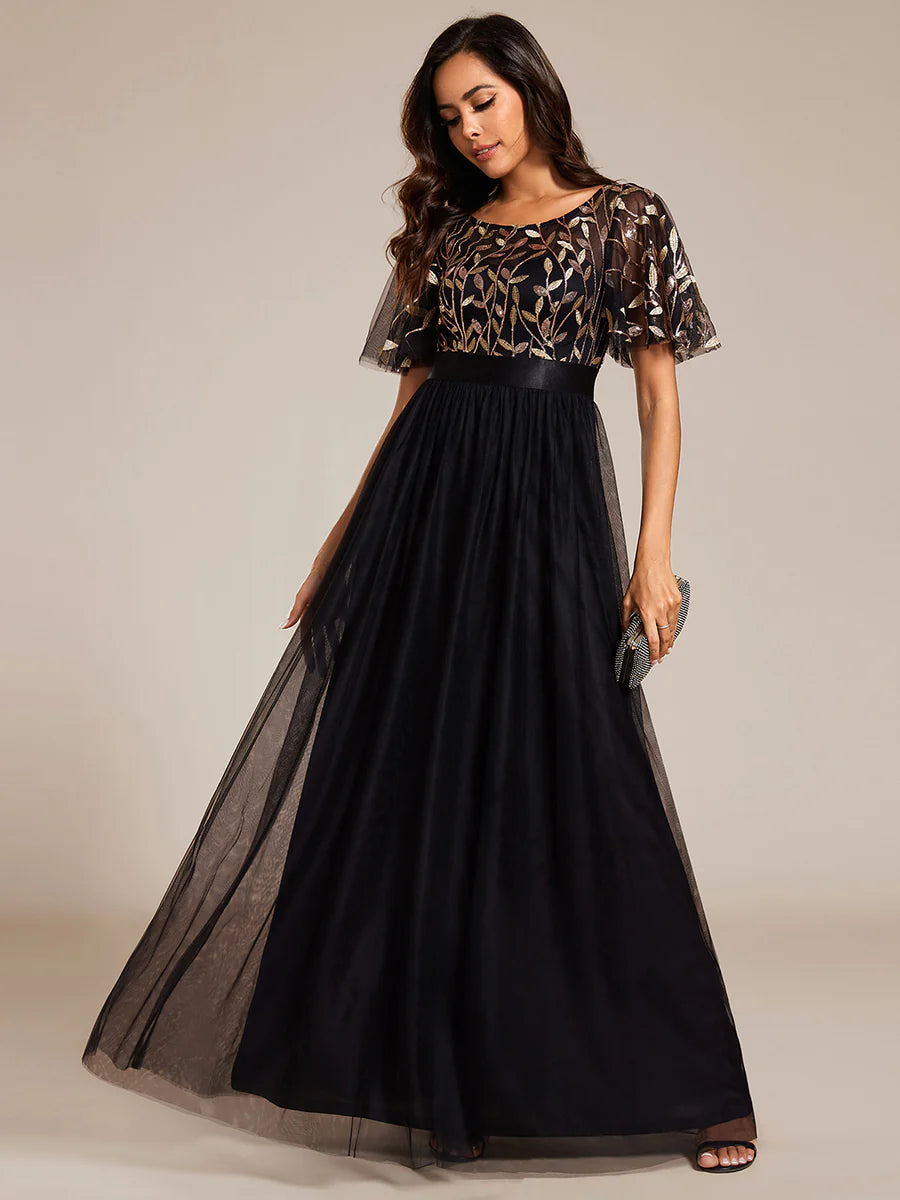 Sequin Print Floor-length Wholesale Evening Dresses with Cap Sleeve