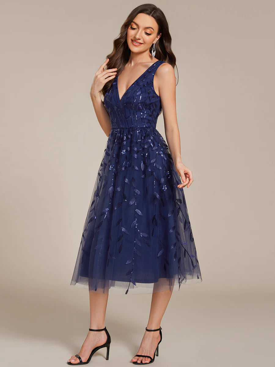 V-Neck Sequin Midi Wedding Guest Dress With Sleeveless
