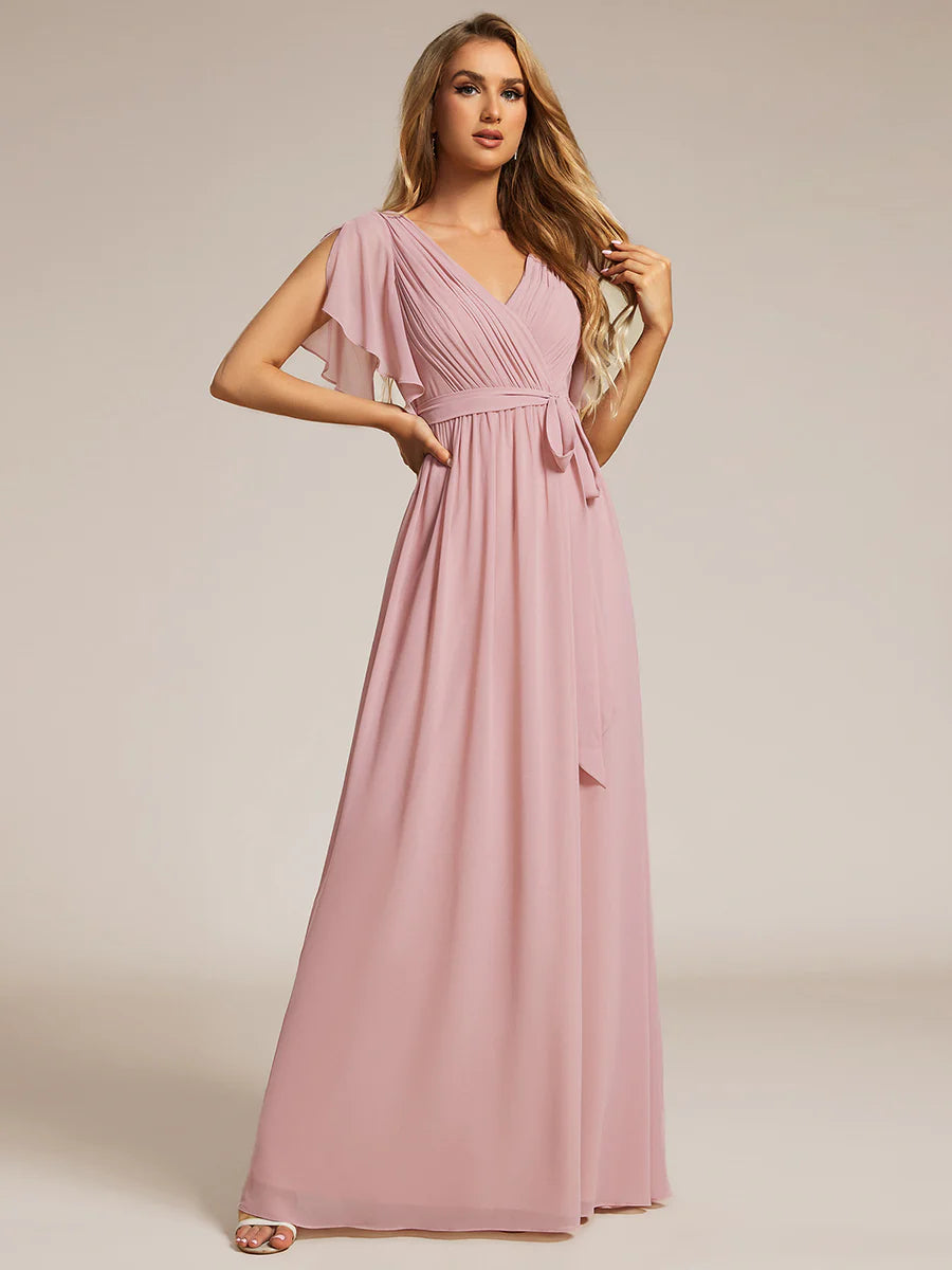 A Line Wholesale Evening Dresses with Deep V Neck Ruffles Sleeves