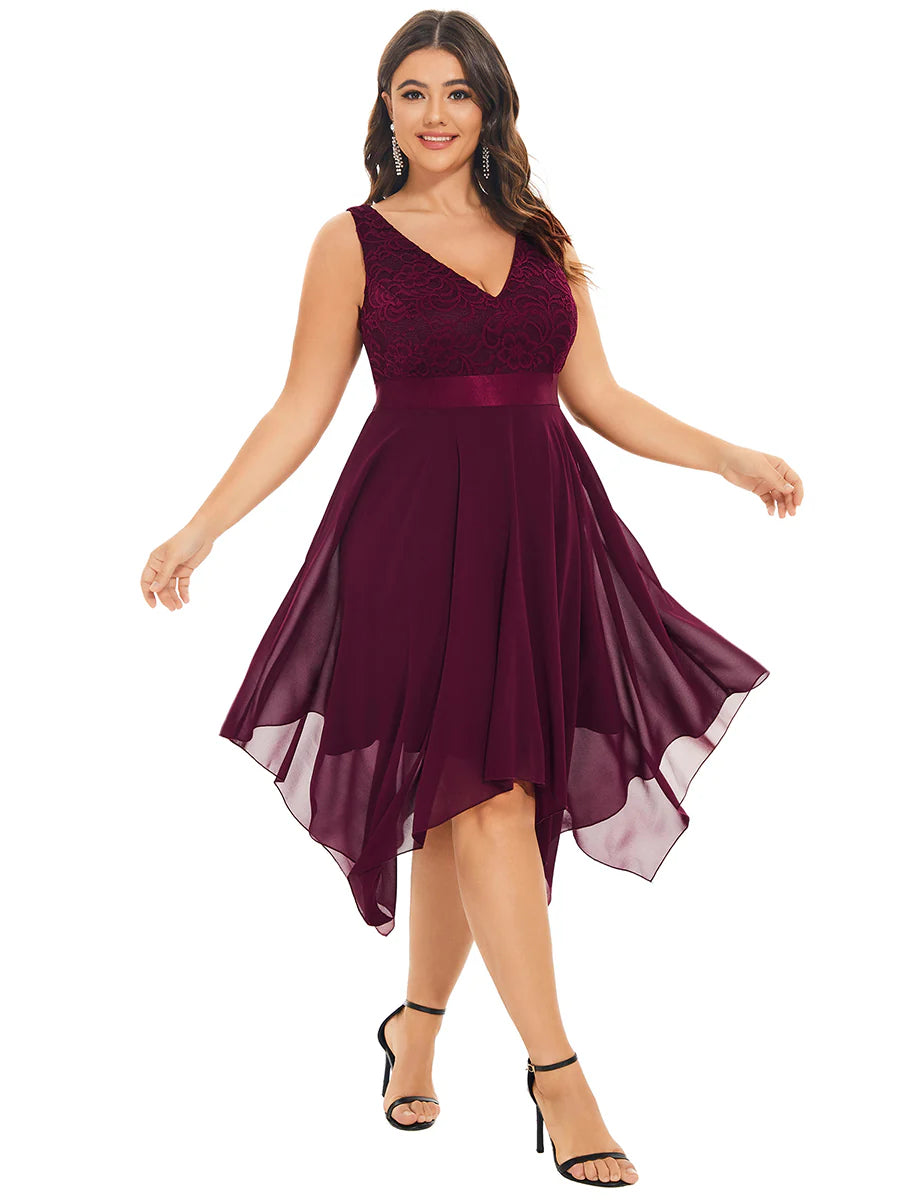 Plus Size Deep V Neck Asymmetrical Hem Sleeveless Wholesale Dresses