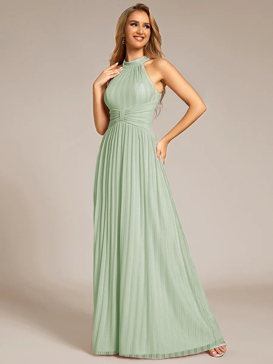 Glittery Halter Neck Pleated Formal Wholesale Evening Dress