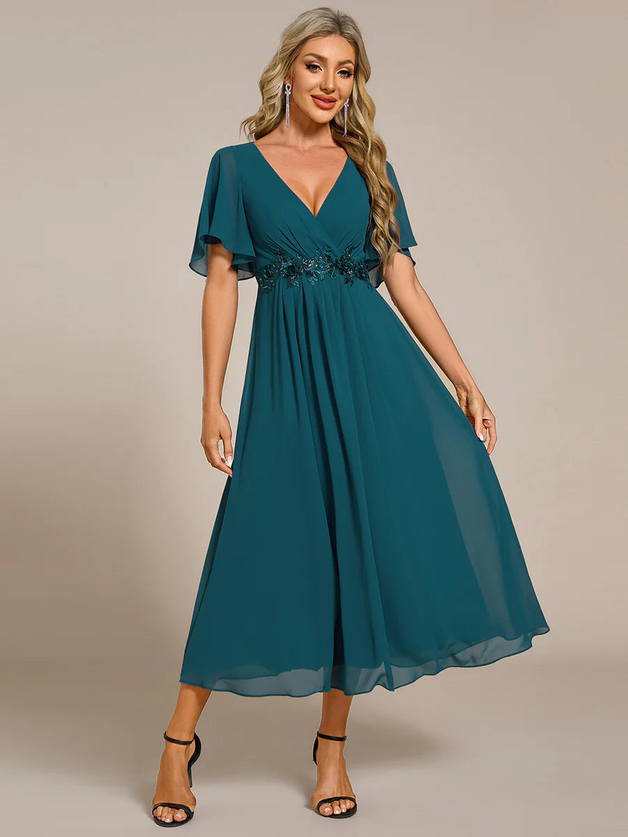 Applique V Neck Tea Length Wedding Guest Dress With Short Sleeves