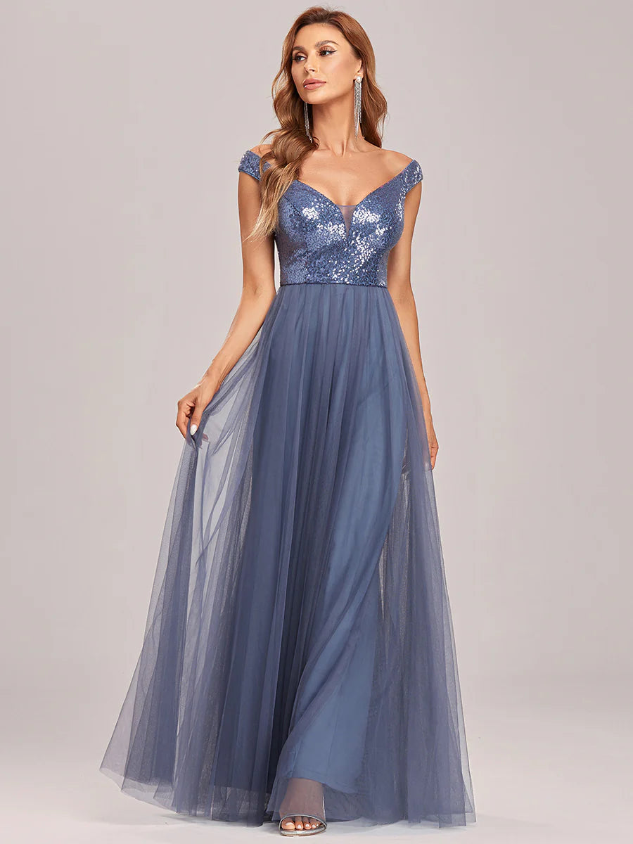 Wholesale Off Shoulder Tulle & Sequin Sleeveless Evening Dress