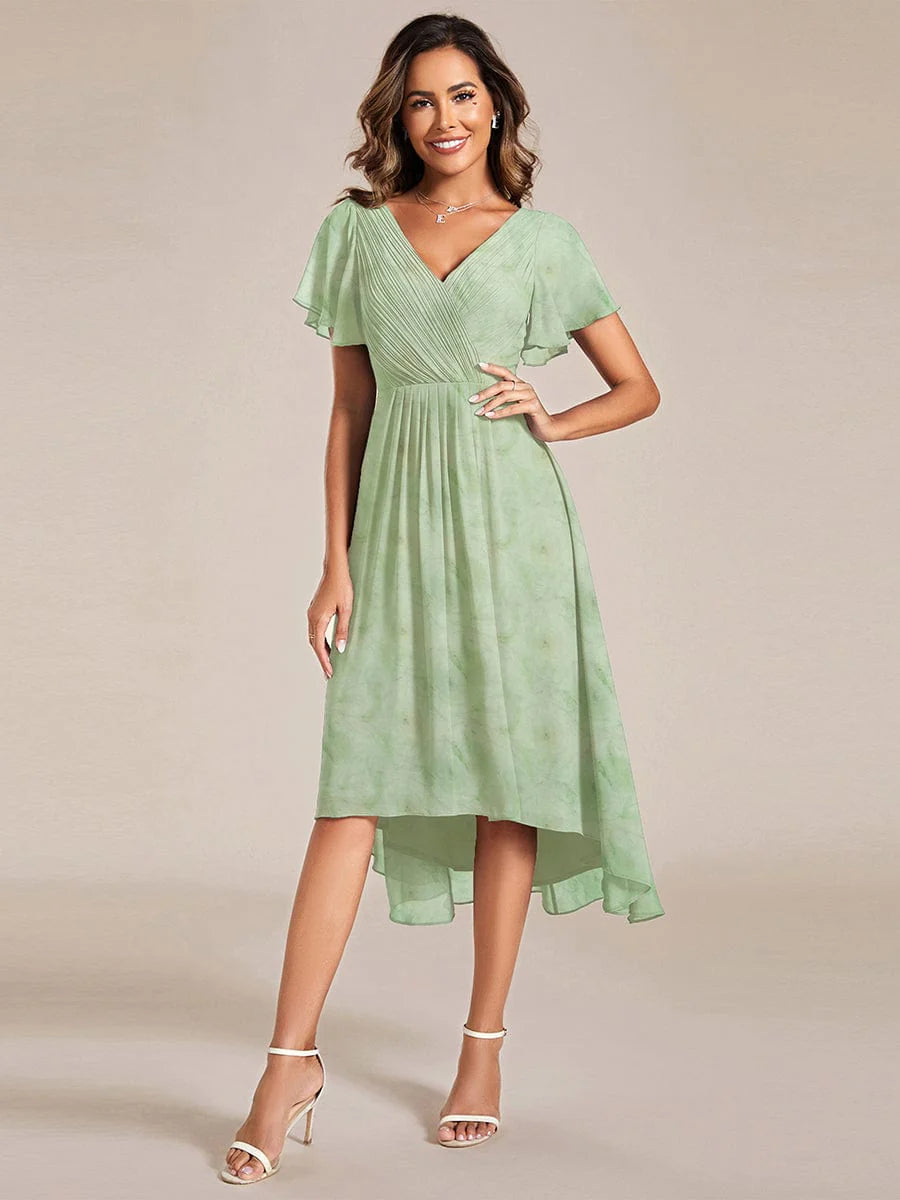 Ever FAYE|Floral V Neck High-Low Short Sleeve Wedding Guest Dress